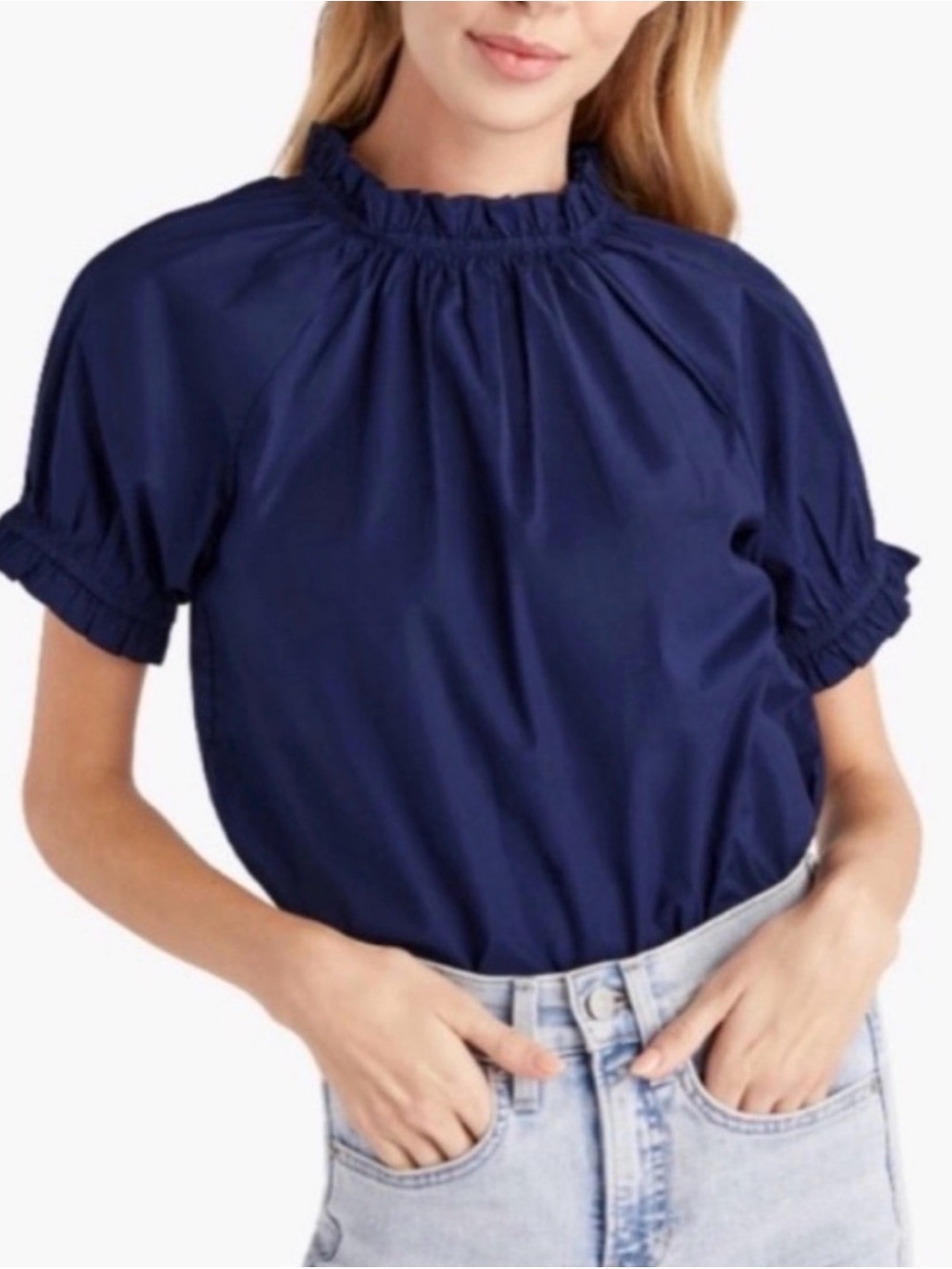 Hill House Navy Ruffle-Neck Puff Sleeve Blouse